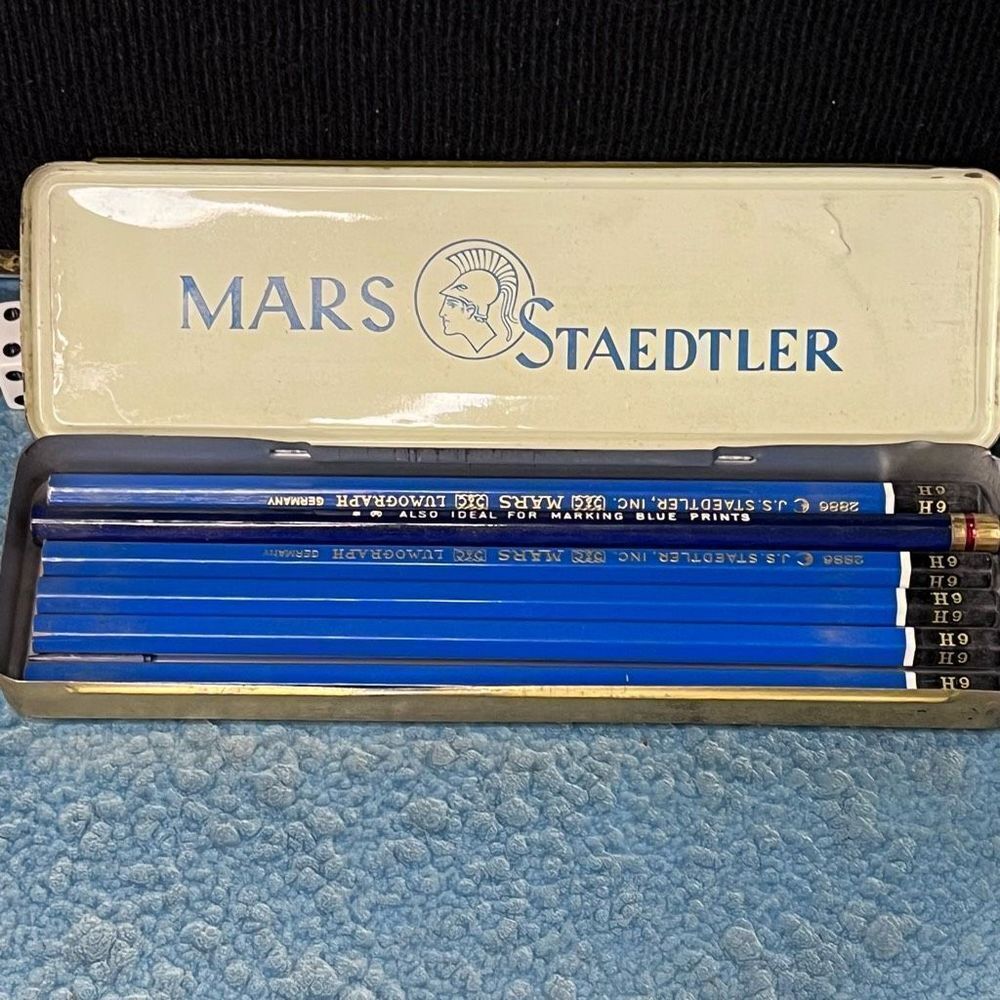 Vintage Mars Staedtler tin 6H lumograph x5 + eagle Verithin 741 blue + 2 charvoz